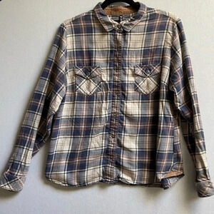 Kuhl brown blue plaid button long sleeve collar shirt Sz L